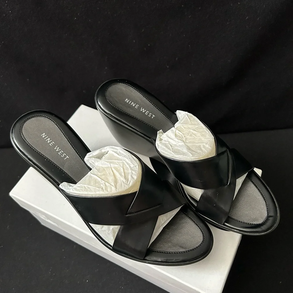 Nine West, Brand New, Black Leather Wedge Heel Sandals, Size 8 M
